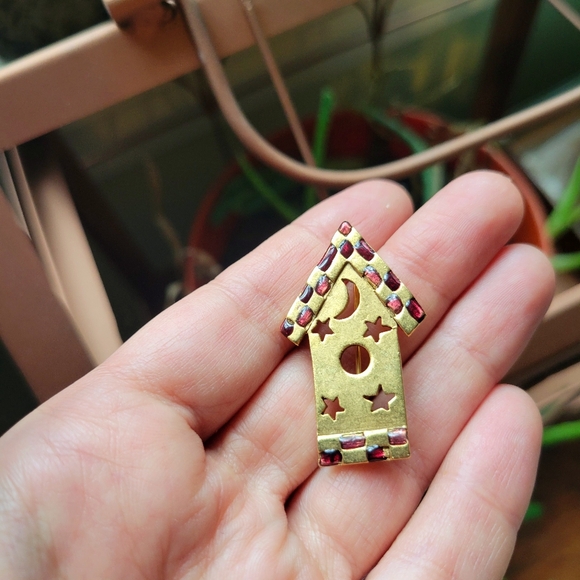Vintage Danecraft Gold & Red Stone House Sun Moon Boucher Lapel Brooch Pin - Picture 2 of 9